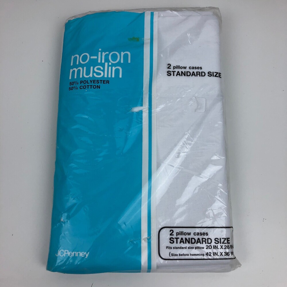 NEW Sealed VTG Standard Pillowcase Set Pair JC Penney NOS Plain White 50 Muslin